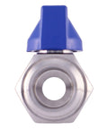 Front view of Three Eighths Inch Stainless Steel 304 Mini Ball Valve Built Tough With Reduced Port 1000 PSI, blue handle.