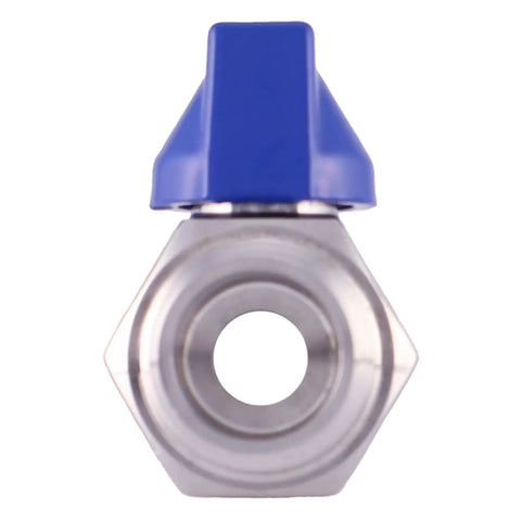 Front view of Three Eighths Inch Stainless Steel 304 Mini Ball Valve Built Tough With Reduced Port 1000 PSI, blue handle.