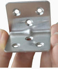 Close-up of a stainless steel corner brace showing 3 mounting holes for wood furniture support, 40 pack, 90 degree L shaped bracket.