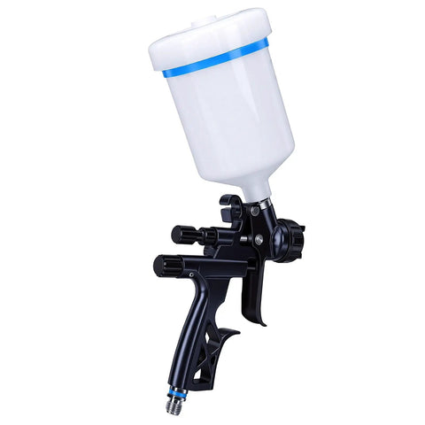 Heavy Duty HVLP Spray Gun With Slick 1.3mm Nozzle And 600ml Reusable Cup And Badass Gravity Feed Auto Paint Sprayer For Effortless Automotive Project Finishing, showing black and white design.