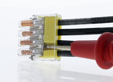 SpliceLine In-Line Wire Connector 2-Port Push-In Tech Crimp-Free Solderless Butt Splice for 8-22 AWG Copper Conductors shown in use