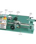 7X12 Inch Mini Metal Lathe Benchtop Precision Machining Tool With Variable Speed Drive showing turret tool post and safety switch.