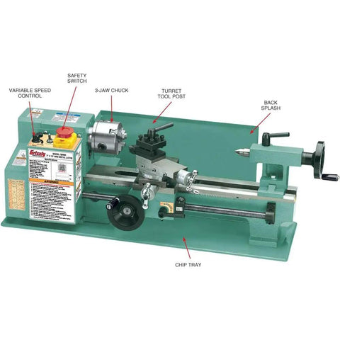 7X12 Inch Mini Metal Lathe Benchtop Precision Machining Tool With Variable Speed Drive showing turret tool post and safety switch.