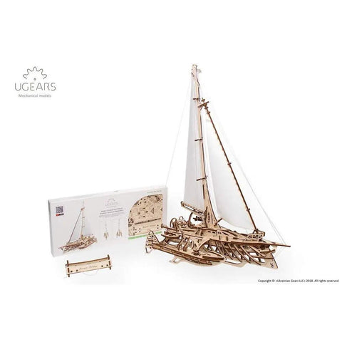 Three Dimensional Wooden Puzzle Kit for a Mechanical Trimaran Merihobus Sailboat with Realistic Rigging Winches and Hull Details Ideal for DIY Enthusiasts Gearheads and Hobbyists, assembled wooden model with box