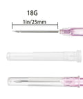 Slick 100 Pack 18 Gauge 1 Inch Stainless Steel Syringe Needles Featuring Tight Luer Lock Seal Individually Wrapped, showing needle and packaging.