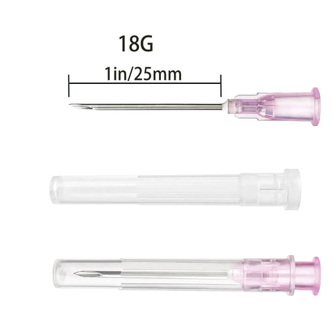 Slick 100 Pack 18 Gauge 1 Inch Stainless Steel Syringe Needles Featuring Tight Luer Lock Seal Individually Wrapped, showing needle and packaging.