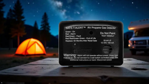 Back view of Compact Propane Gas Alarm For Rvs With Surface Mount against night camping scene with tent and RV.