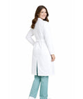 Back view of Med Pros Unisex Lab Coat With Belted Back 40 Inch White XL Lapel Collar Front Button Closure 1 Chest Pocket 2 Lower Pockets Durable