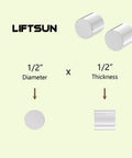 Front and side views of Liftsun neodymium magnet, 1/2 in diameter x 1/2 in thick, silver, 12-pack.