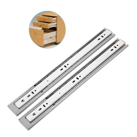 Beefy Heavy Duty Steel Drawer Slides With Buffer Closure And Smooth Load Bearing, Three Section Guide Rail, Silent Double Row Ball Bearings, Sturdy Silver Drawer Track For Kitchen Cabinets And Dresser Drawers, silver steel pair