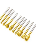10 Piece Long Double Cut Tungsten Carbide Burr Set Pro Grade With One Eighth Inch Shank For Die Grinder And Rotary Tool Diamond Burs For Wood Carving Engraving And Metal Work Forty Millimeter Length Gold, set laid out