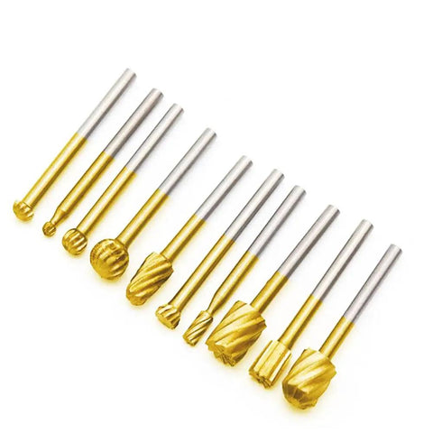 10 Piece Long Double Cut Tungsten Carbide Burr Set Pro Grade With One Eighth Inch Shank For Die Grinder And Rotary Tool Diamond Burs For Wood Carving Engraving And Metal Work Forty Millimeter Length Gold, set laid out