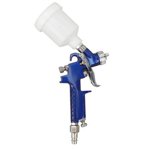 Top Shelf HVLP Gravity Feed Paint Sprayer With Sleek Aluminum Body And Point Oh Nozzle in blue with 125ml cup for fine atomization.