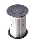 Total Game Changer Smart Motorized Pop-Up Power Station Featuring Six Ac Outlets, Four Usb Ports, Qi Wireless Charging Pad, IP65 Waterproof Glass Top, Built In Speaker, And Adjustable Led Lamp For Your Sweet Home Office Setup, top view showcasing Qi charging pad and outlets.