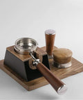 No Fuss 58mm Walnut Wood Espresso Tamper Station And Coffee Press Handle Holder Pro Barista countertop organizer with deep groove slot.