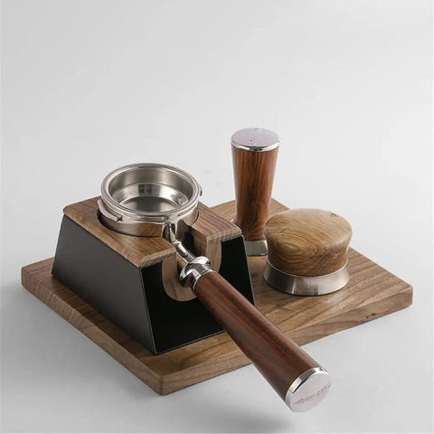 No Fuss 58mm Walnut Wood Espresso Tamper Station And Coffee Press Handle Holder Pro Barista countertop organizer with deep groove slot.