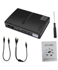 Portable Mini UPS Backup Power Supply For Routers And Wifi Modems 5V 9V 12V Outputs with cables, manual, and screwdriver.