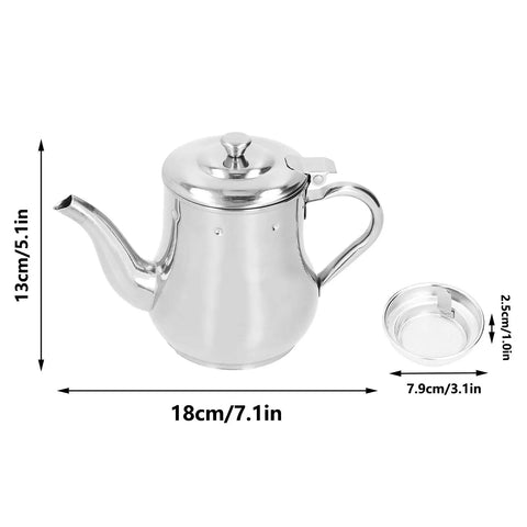 Slick Stainless Steel Teapot With Fine Mesh Strainer 500ML Capacity Stovetop Tea Kettle heavy duty build, dimensions 18cm x 13cm, includes strainer.