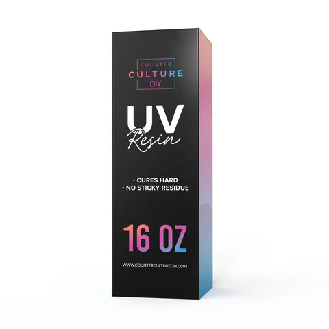 Box of 16 oz UV Resin with text 'Cures Hard, No Sticky Residue' for DIY Projects Jewelry and Keychains