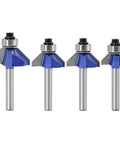 Pro Grade Bevel Edge Router Bit Set 4Pcs One Quarter Inch Shank 45 Degree Chamfer Bits With Top Bearing for woodworking.