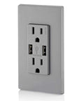 Type A USB In Wall Charger With 15 Amp Tamper Resistant Outlet And Dual High Power USB Ports 3.6A Total Gray for Home Office Use