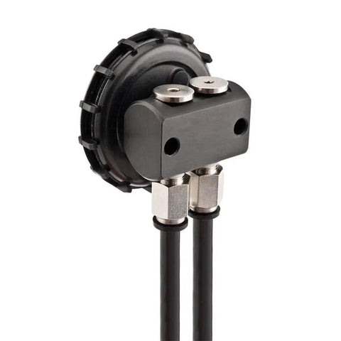 Built Tough Differential Breather Kit With High Flow Air Filter And 4 Port Manifold For 4x4 Trucks showing black manifold with hoses attached.