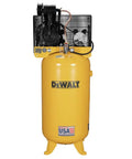 Front view of 80 Gallon Vertical Air Compressor With 2 Stage Oil Lubricated Pump Heavy Duty Workhorse 240V Induction Motor 175 Max PSI And 14 6 SCFM At 100 PSI Durable Pro Grade Industrial Power For Pros showcasing yellow tank and pump