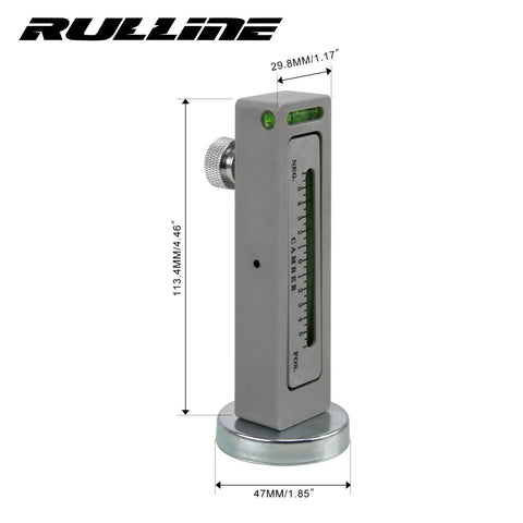 Universal Magnetic Camber Gauge For Dead Center Alignment and Sick Ride Stance Featuring Ballistic Magnet Grip on Cast Hubs. Gray aluminum, 113.4mm x 29.8mm.