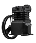 Heavy Duty Two Cylinder Cast Iron Air Compressor Pump Built Tough To Knock Any Job Out Delivering 2 Horsepower And Smooth 5.5 Scfm Flow Fits Up To 40 Gallon Tanks For Shop side view of cast iron pump with cooling fins.