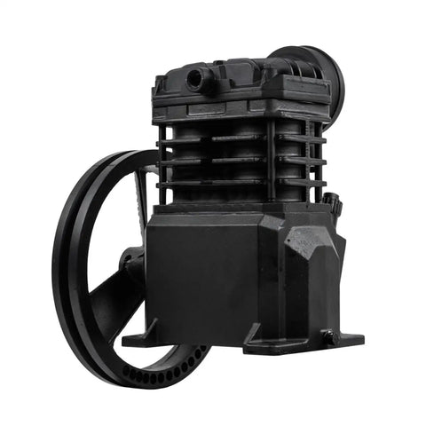 Heavy Duty Two Cylinder Cast Iron Air Compressor Pump Built Tough To Knock Any Job Out Delivering 2 Horsepower And Smooth 5.5 Scfm Flow Fits Up To 40 Gallon Tanks For Shop side view of cast iron pump with cooling fins.