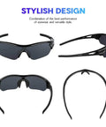 Polarized Sports Sunglasses For Men Women And Youth With TAC Lenses And TR90 Frame Built To Last Scratch Resistant Unbreakable UV Protection 99 Point 9 Ride Ready For Cycling Running Driving Fishing Golf Motorcycling And Outdoor Adventures, shown in various angles.