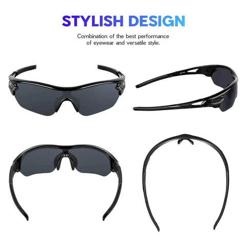 Polarized Sports Sunglasses For Men Women And Youth With TAC Lenses And TR90 Frame Built To Last Scratch Resistant Unbreakable UV Protection 99 Point 9 Ride Ready For Cycling Running Driving Fishing Golf Motorcycling And Outdoor Adventures, shown in various angles.