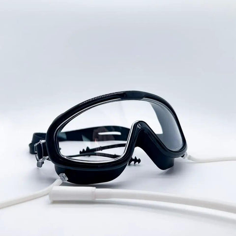 Close-up of Eye Mask Goggles for Hydrogen Gas Inhalation and Eye Fatigue Relief with clear lenses and tubing attachment.
