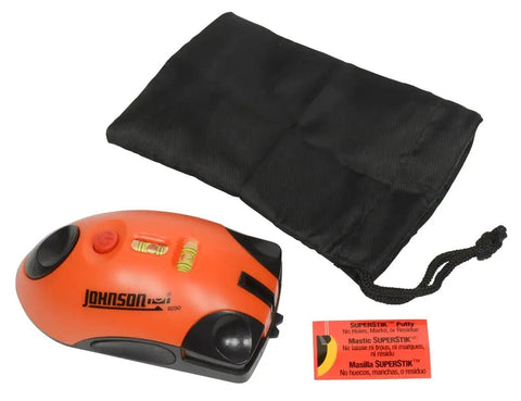 Interior Range Laser Level With 30 Ft Projection, High Visibility Orange, Heavy Duty Construction Tool shown with black carry pouch.