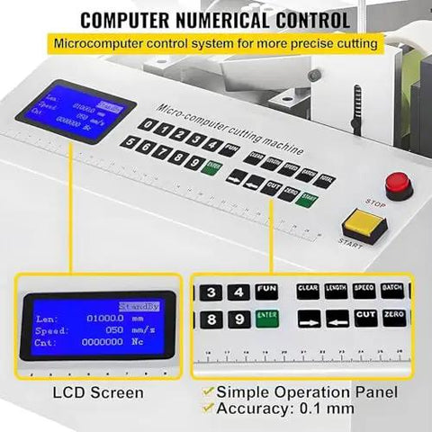 Top Tier 250W Automatic Heat Shrink Tube Cutter High Precision Electric Pipe Cutting Machine control panel with LCD for precise cutting.