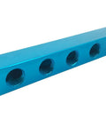 Boss Level Aluminum Air Compressor Manifold Block With Five Fast Quick Connect Ports Built Tough For Garage Projects And Shop Setup Rigs Blue Coloring Tight Fit All Around, side view showing five ports.