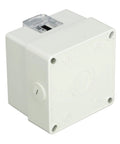 Heavy Duty Outdoor Electrical Outlet With Clear IP66 Rated Cover built to dodge downpours, showing white casing and clear top.