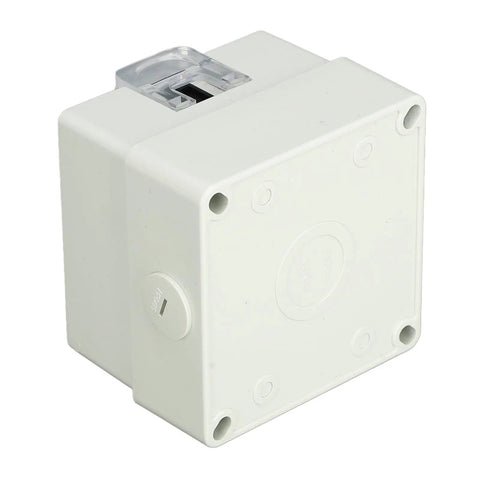 Heavy Duty Outdoor Electrical Outlet With Clear IP66 Rated Cover built to dodge downpours, showing white casing and clear top.