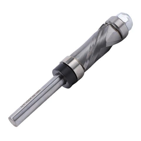 Premium Tungsten Steel Flush Trim Router Bit with Hardened Carbide Cutter For Durable Woodworking and Smooth Trim Jobs visible at an angle.