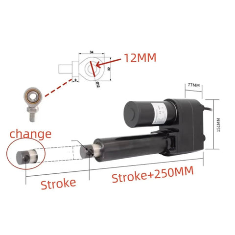 Energy Saving 24V DC Electric Linear Actuator Packs Smooth Push Rod Force With 550Mm Stroke And Consistent 12Mm Speed detailed view with measurements.