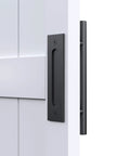 Close-up of DIY Ready Space Saving Bi-Fold Barn Door Kit With Sliding Hardware, white H-Frame, handle detail, waterproof PVC surface