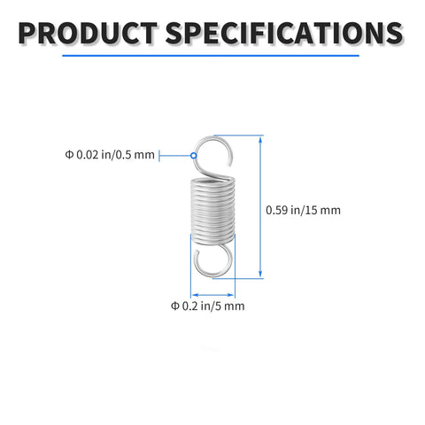Product specifications of Premium 304 Stainless Steel Extension Springs With Double Hook Ends 10 Piece Pack showing dimensions.