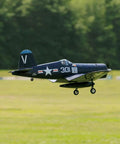 F4U Corsair 800mm RC Plane Blue Ready To Fly 4 Channel Remote Control Airplane in flight over grassy field