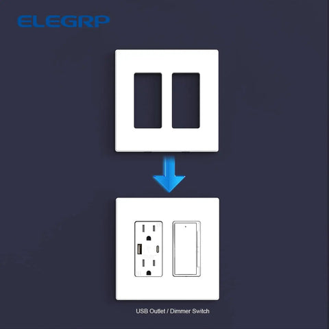 Two Gang Screwless Decorative Wall Plates Mid Size Cover Plates Unbreakable Thermoplastic Faceplates for Decorator Receptacles And Switches UL Listed Matte White 10 Pack showing installation process with USB Outlet and Dimmer Switch