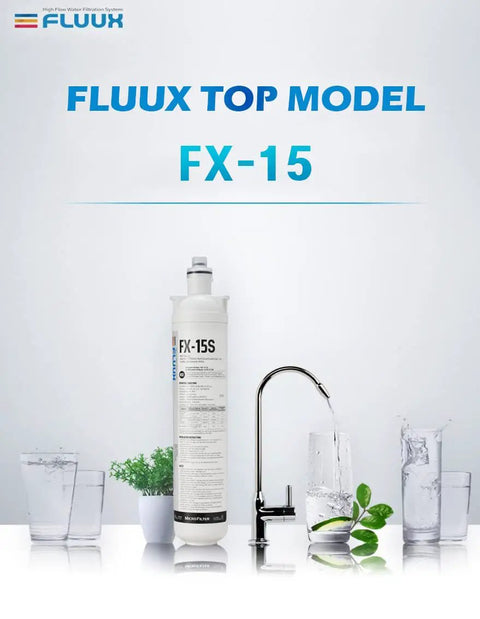 Two Pack Under Sink Water Filter System With Hybrid Cartridge And Nsf Certification Smooth Operator Filtration For Coffee Machines And Kitchen Faucets Sixteen Thousand Gallon Capacity No Gimmicks Setup with FX-15 filter next to water glasses.