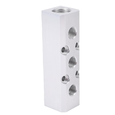 Three Way Five Port Aluminum Air Manifold With One Half Inch NPT Inlet And Four One Quarter Inch NPT Outlets For Pneumatic Tools Heavy Duty Air Distribution -40F To 212F Temperature Range, side view