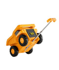 Side view of yellow monster-truck design kids' travel luggage with wheels and extendable pull handle.