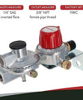 Front view of GasOne two-stage auto-changeover propane regulator set with red knob and black cap mounted on a metal bracket