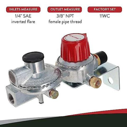 Front view of GasOne two-stage auto-changeover propane regulator set with red knob and black cap mounted on a metal bracket