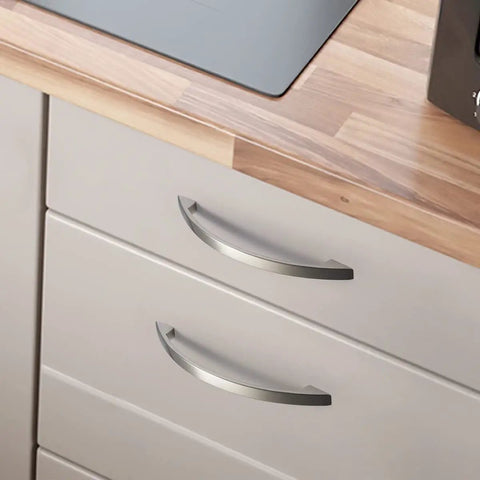 Solid Zinc Alloy Satin Nickel Cabinet And Drawer Pulls Set For Kitchen And Dresser, 6 Inch Long, installed on white drawers